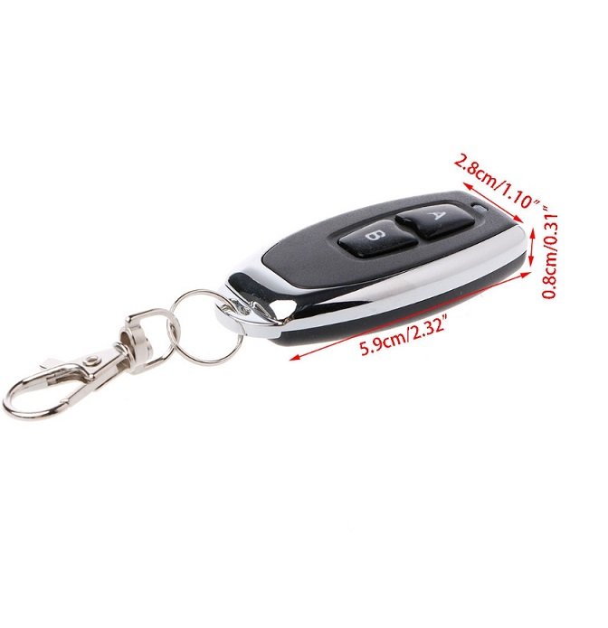 433MHz RF Wireless Remote Control Price - shown with a silver and black plastic body, two buttons labeled A and B, and an attached metal keychain with dimensions.