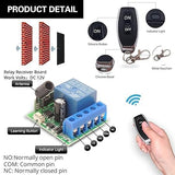 433MHz Universal Wireless Remote Control Switch DC 12V 1ch RF Relay Receiver Module With Transmitters - the DC 12V relay receiver board, a remote transmitter, and labels for the terminals and buttons.