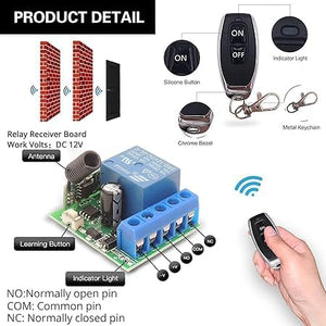 433MHz Universal Wireless Remote Control Switch DC 12V 1ch RF Relay Receiver Module With Transmitters - the DC 12V relay receiver board, a remote transmitter, and labels for the terminals and buttons.