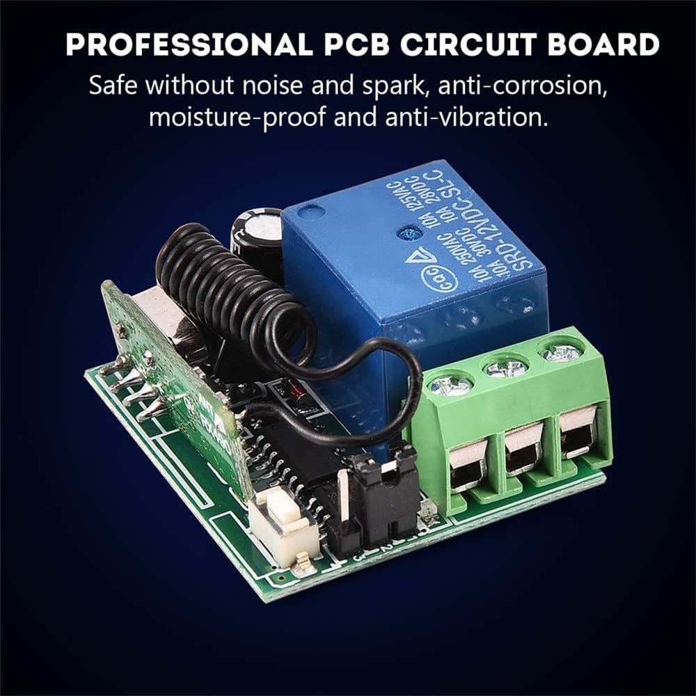 433MHz Universal Wireless Remote Control Switch DC 12V 1ch RF Relay Receiver Module With Transmitters - blue relay, a black coiled antenna, a white button, and a three-terminal green connector.