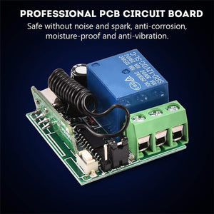 433MHz Universal Wireless Remote Control Switch DC 12V 1ch RF Relay Receiver Module With Transmitters - blue relay, a black coiled antenna, a white button, and a three-terminal green connector.