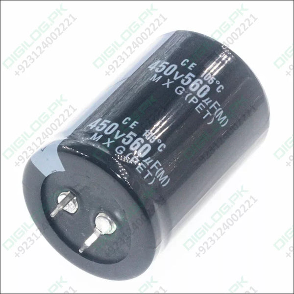 Black cylindrical 450V 560UF capacitor with two terminals for energy storage solutions