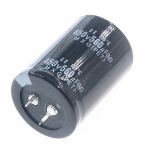 450V 560uF Capacitor - a black cylindrical electrolytic capacitor with two metal pins at the base and technical specifications printed on the side.