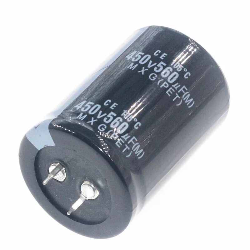 450V 560uF Capacitor - a black cylindrical electrolytic capacitor with two metal pins at the base and technical specifications printed on the side.