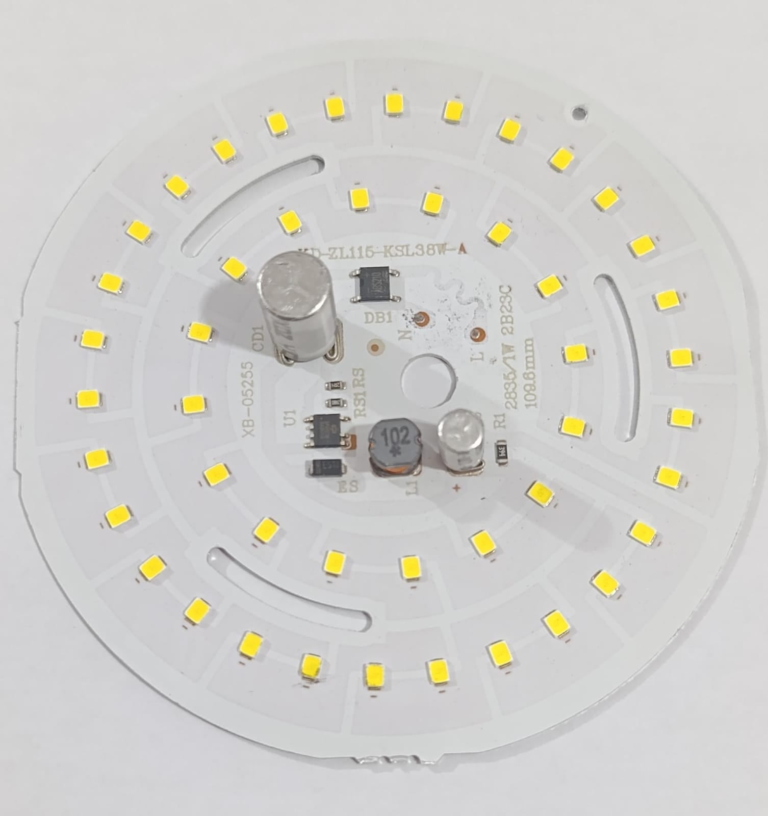 46 SMD LED 38W AC Driverless Round LED Light Panel 109.6mm - a white circular circuit board with 46 mounted LEDs, a central capacitor, and components.