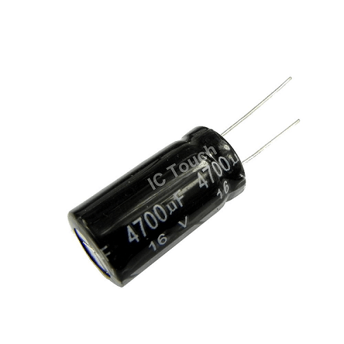 4700uF 16V Aluminum Polarized Electrolytic Capacitors - a black cylindrical electronic component with two wire leads and white printed text.