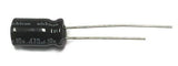 470uF 10V Electrolytic Capacitor - Digilog.pk - a black cylindrical electronic component with two metal leads extending from one end and white text printed on the side.