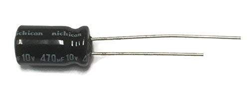 470uF 10V Electrolytic Capacitor - Digilog.pk - a black cylindrical electronic component with two metal leads extending from one end and white text printed on the side.