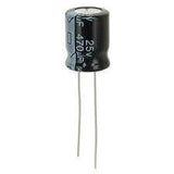 470uF 25V Capacitor - a black cylindrical electrolytic capacitor with two silver wire leads extending from the bottom and white text printed on the side.