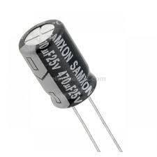 470uF 25V Capacitor - a black cylindrical electrolytic capacitor with two metal leads, labeled with "SAMXON" and its specifications.