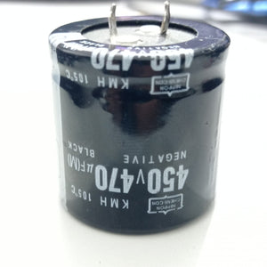 470uF 450V Capacitor - a black cylindrical electrolytic capacitor with two metal terminals on top and printed technical specifications on its side.