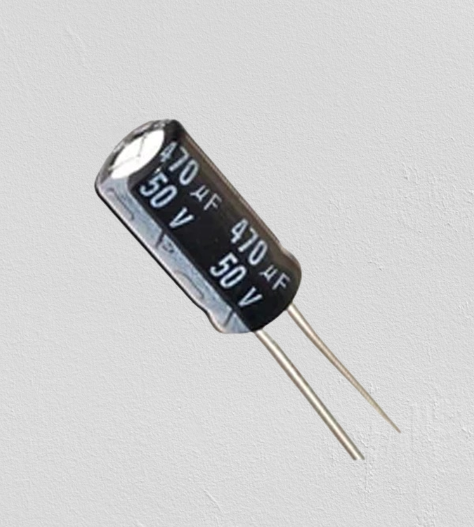 470uF 50V Capacitor Radial Electrolytic Capacitor - a black cylindrical electronic component with two metal leads and printed text reading 470µF and 50V.