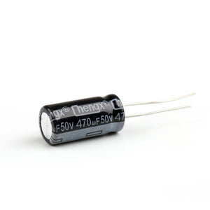470uF 50V Capacitor Radial Electrolytic Capacitor - a black cylindrical electronic component with two wire leads and printed white text.