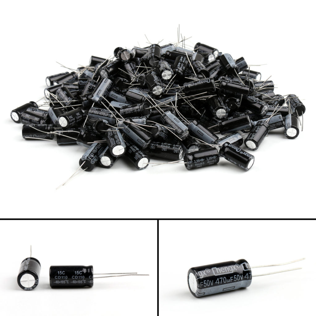470uF 50V Capacitor Radial Electrolytic Capacitor - shown in a large pile and as individual close-up shots with black cylindrical bodies and two wire leads.