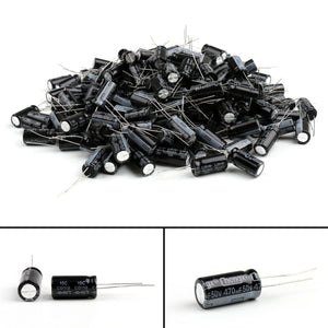 470uF 50V Capacitor Radial Electrolytic Capacitor - shown in a large pile and as individual close-up shots with black cylindrical bodies and two wire leads.