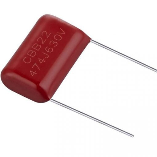 474J Polypropylene Film Capacitor - a red rectangular electronic component with two wire leads, marked with "CBB22 474J630V".