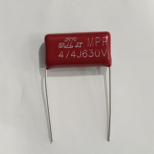 474J Polypropylene Film Capacitor - a rectangular red electronic component with two wire leads, marked with "MPP 474J630V" on its face.