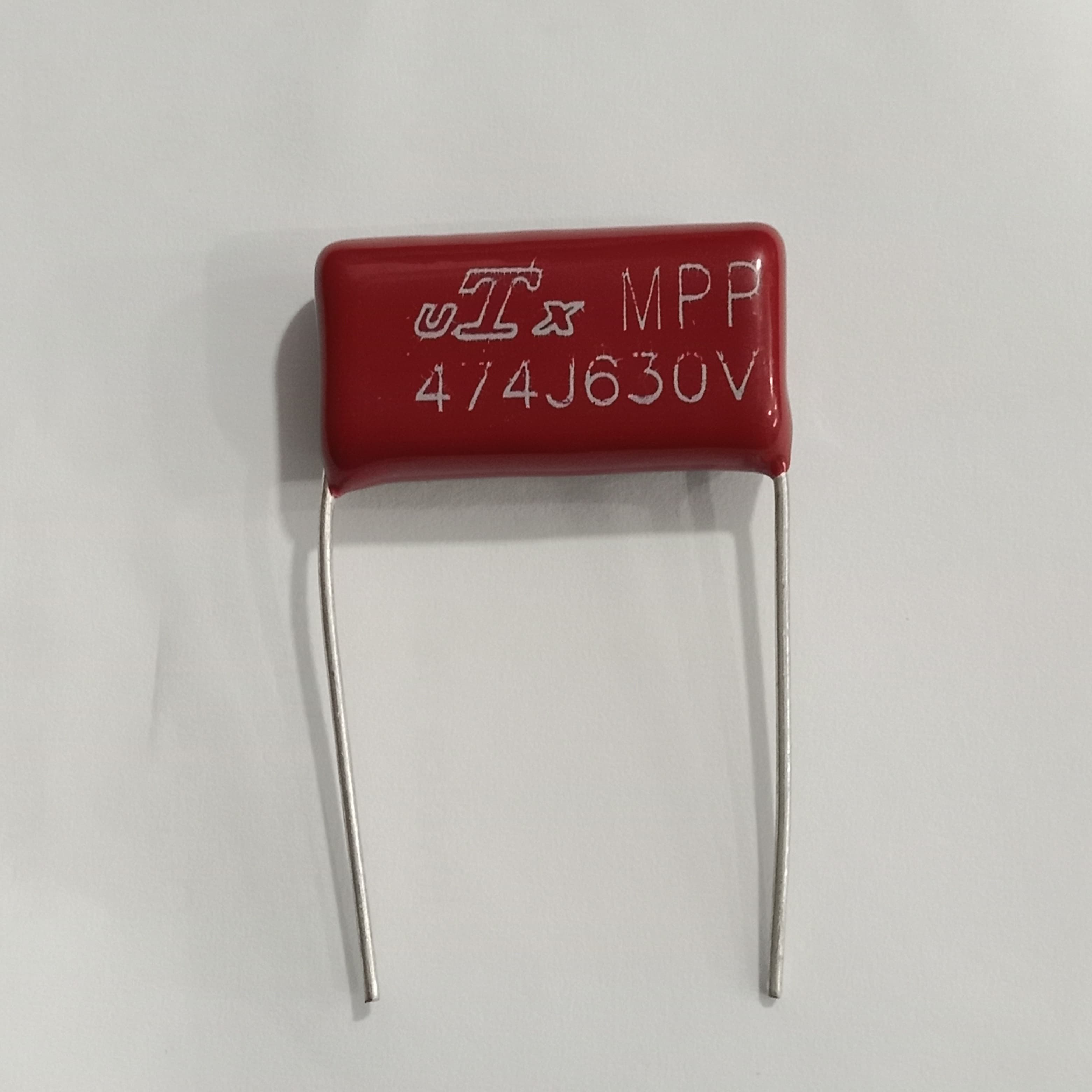 474J Polypropylene Film Capacitor - a rectangular red electronic component with two wire leads, marked with "MPP 474J630V" on its face.