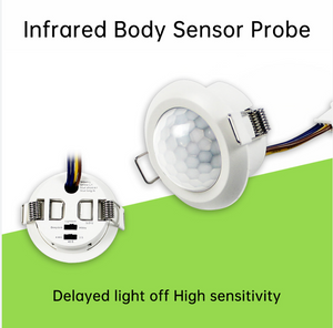 48.5mm Infrared PIR Motion Sensor LED Body Motion Sensor Adjustable Delay Ceiling Buckle Installation Automatic Sensor Light Switch - two views of a white circular PIR motion sensor with spring-loaded ceiling clips and rear adjustment switches.