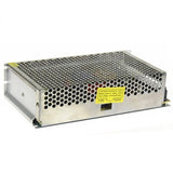 48V 10amp Power Supply 48V 10amp Switching Power Supply - a silver metal-cased unit with a perforated top and a yellow warning label indicating a 110V/220V input voltage switch.