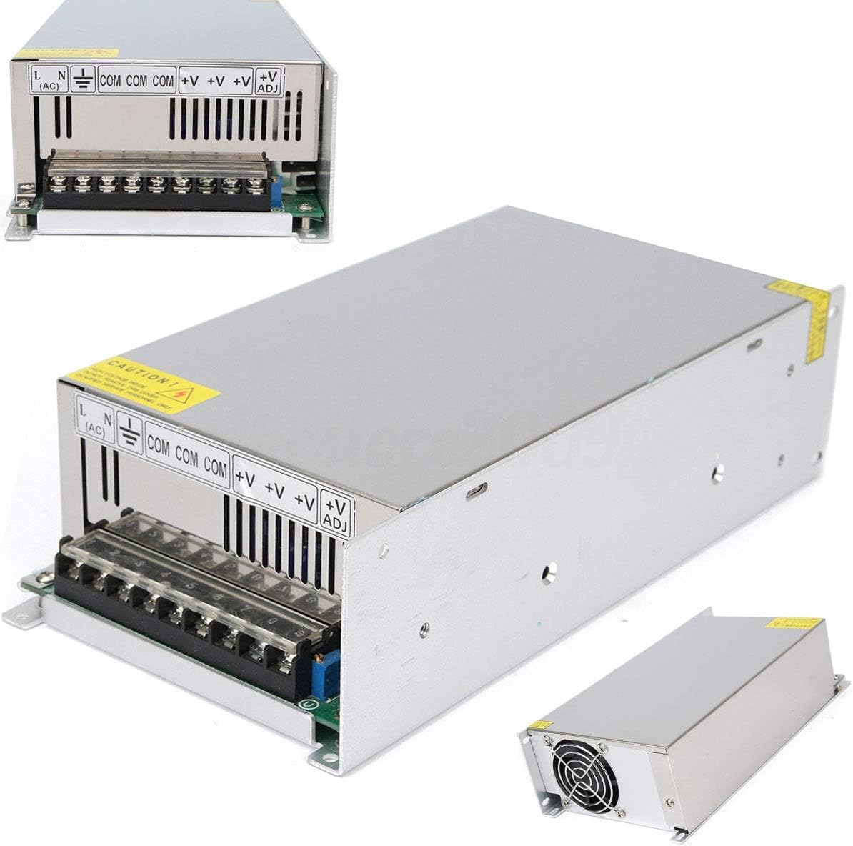 48V 20A 1000W Universal Regulated Switching Power Supply Driver For Cctv Camera LED Strip AC 100-240V Input To DC 48V - shown from three angles including the terminal block with L, N, ground, COM, +V ports, and the cooling fan.