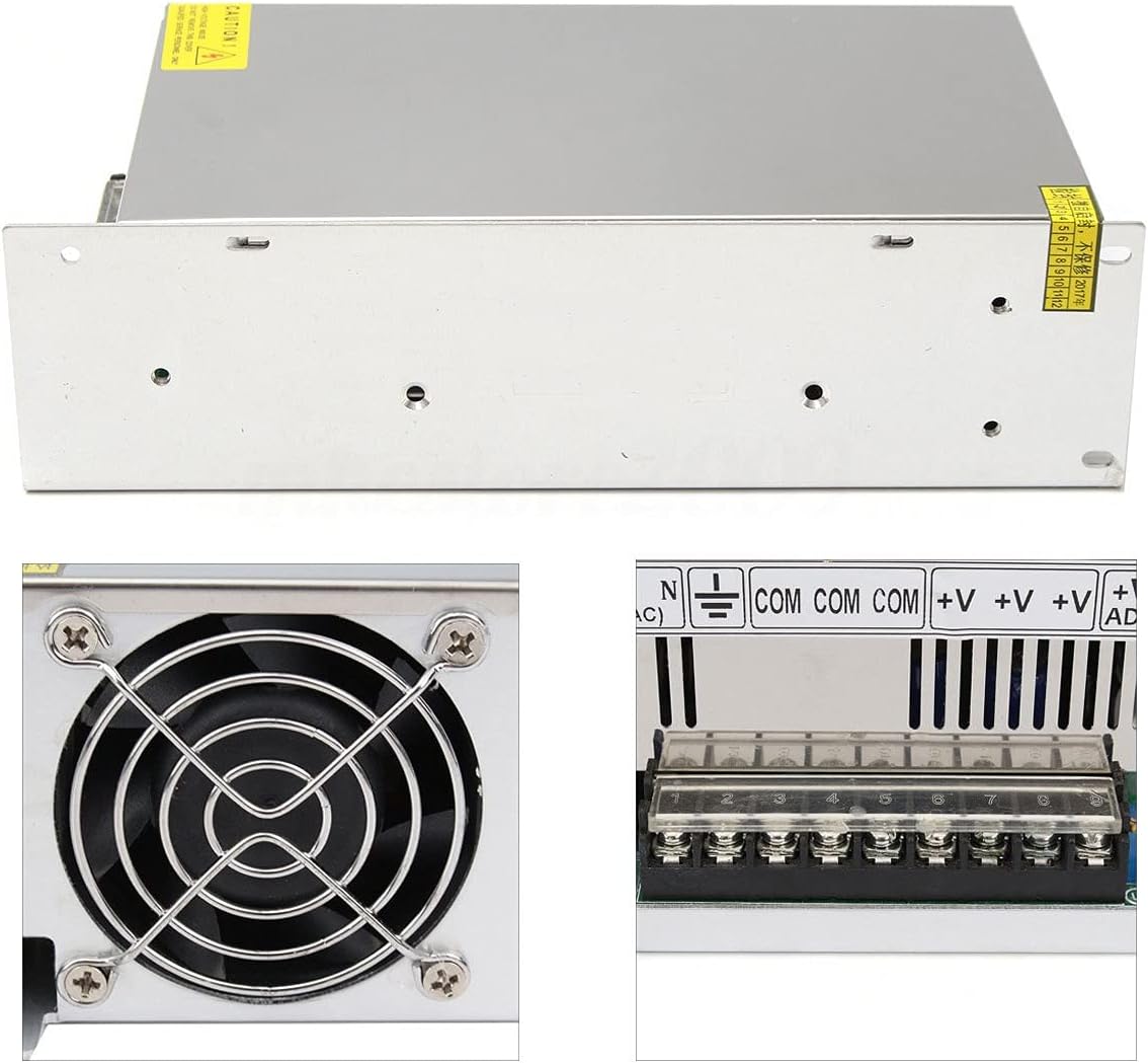 48V 20A 1000W Universal Regulated Switching Power Supply Driver For Cctv Camera LED Strip AC 100-240V Input To DC 48V - a silver metal casing, a cooling fan, and a terminal block with N, L, ground, COM, and +V connections.