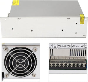 48V 20A 1000W Universal Regulated Switching Power Supply Driver For Cctv Camera LED Strip AC 100-240V Input To DC 48V - a silver metal casing, a cooling fan, and a terminal block with N, L, ground, COM, and +V connections.