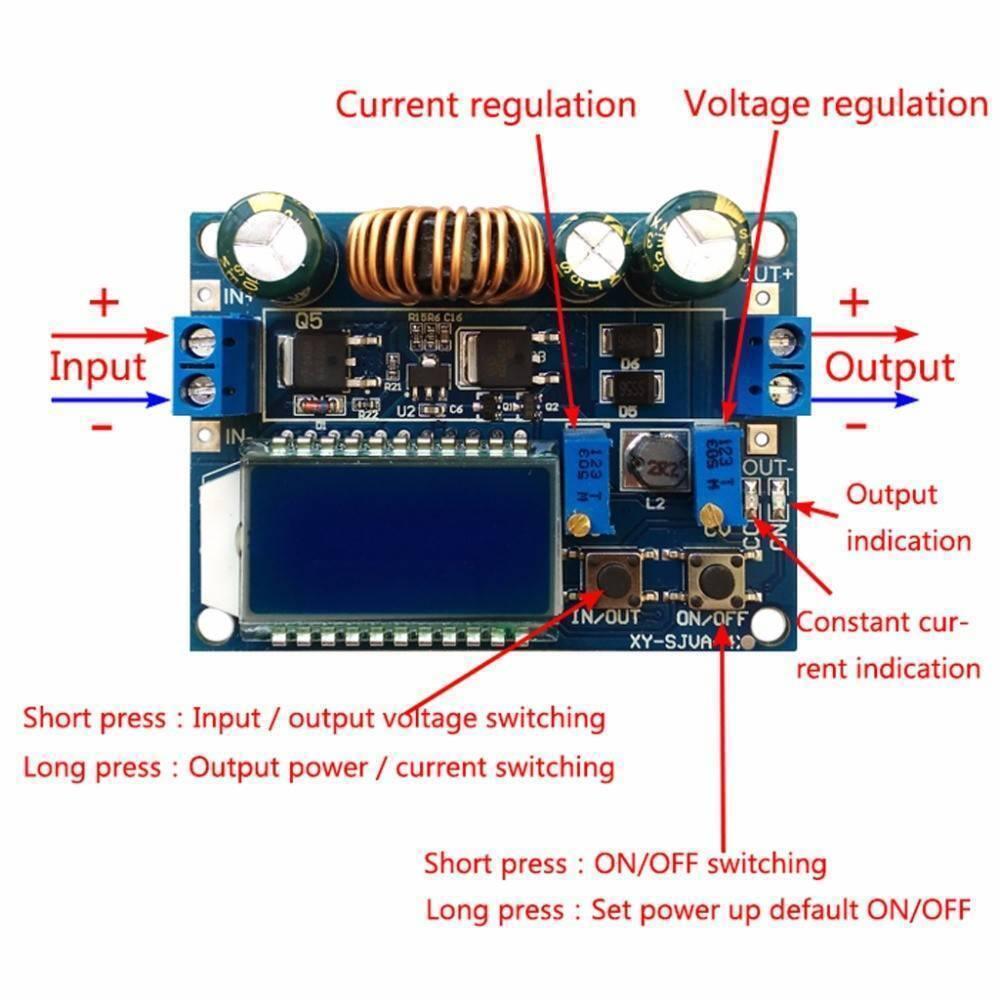 4A Buck-boost Converter Module Adjustable Buck Boost Board With LCD Display - blue circuit board, input/output terminals, two adjustment potentiometers, and two buttons.