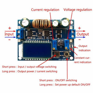 4A Buck-boost Converter Module Adjustable Buck Boost Board With LCD Display - blue circuit board, input/output terminals, two adjustment potentiometers, and two buttons.