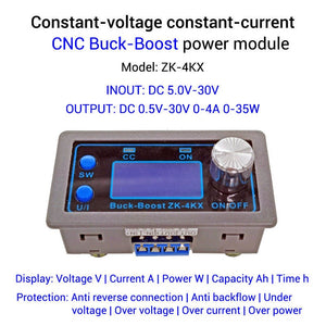 4kx 35W Programmable CNC Buck-boost Power Supply DC Adjustable Cc Cv Charging Module - a grey rectangular device with a digital display, two blue buttons, a silver rotary knob, and terminal blocks at the base.