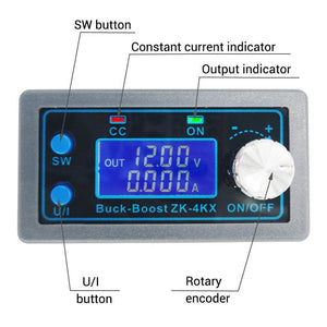 4kx 35W Programmable CNC Buck-boost Power Supply DC Adjustable Cc Cv Charging Module - a grey rectangular frame, a digital display reading 12.00V and 0.000A, two buttons, and a rotary encoder.