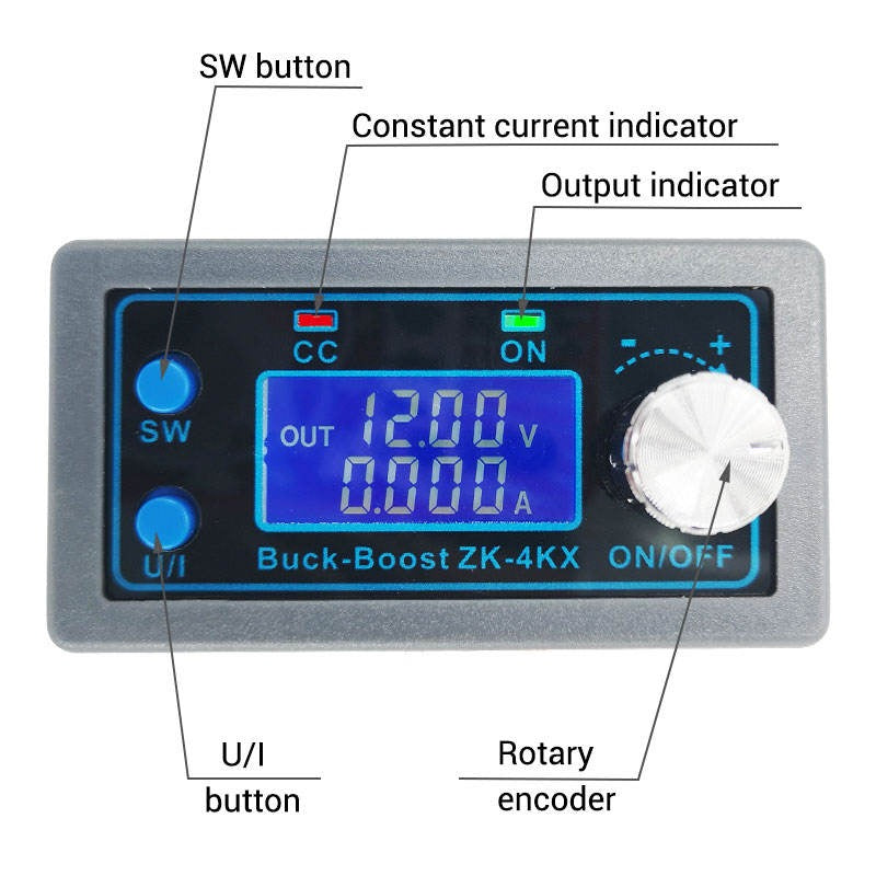 4kx 35W Programmable CNC Buck-boost Power Supply DC Adjustable Cc Cv Charging Module - a grey rectangular frame, a digital display reading 12.00V and 0.000A, two buttons, and a rotary encoder.