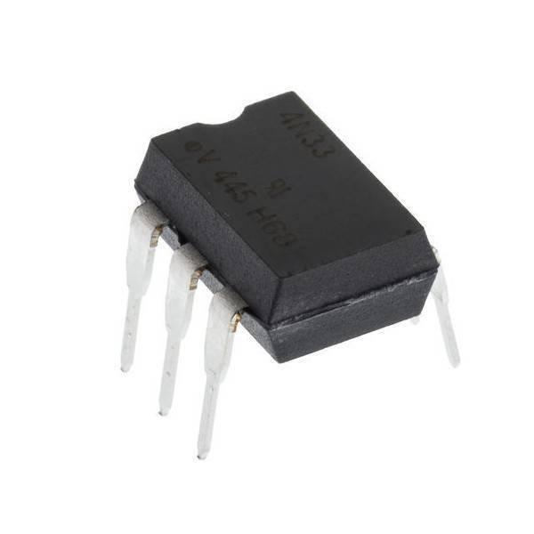 4N33 Optocoupler, Photodarlington Output, High Gain, With Base Connection - a black 6-pin dual in-line package electronic component with white text markings on its top surface.