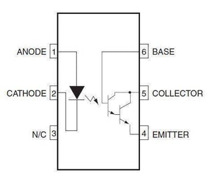 4N33 Optocoupler, Photodarlington Output, High Gain, With Base Connection - a technical schematic diagram showing the internal pin connections for the anode, cathode, base, collector, and emitter.