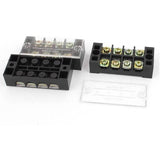 4p 600V 25A Double Row Barrier Block Screw Terminal Connector TB-2504L - two black plastic terminal blocks and one clear plastic cover.
