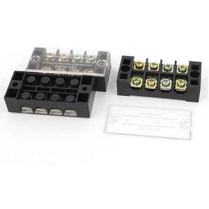 4p 600V 25A Double Row Barrier Block Screw Terminal Connector TB-2504L - two black plastic terminal blocks and one clear plastic cover.