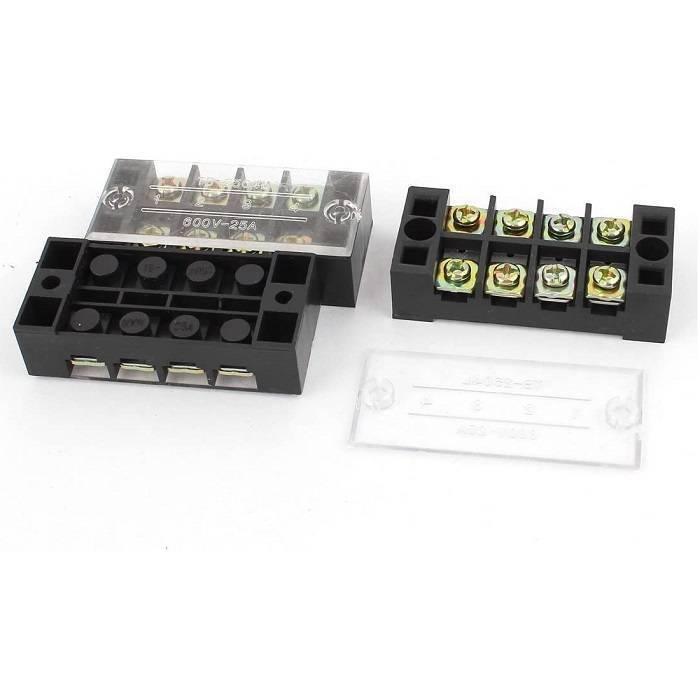 4p 600V 25A Double Row Barrier Block Screw Terminal Connector TB-2504L - two black plastic terminal blocks and one clear plastic cover.
