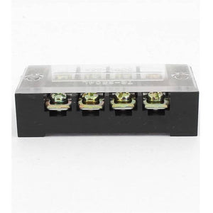 4p 600V 25A Double Row Barrier Block Screw Terminal Connector TB-2504L - with a black base and a clear plastic cover, seen from the front.