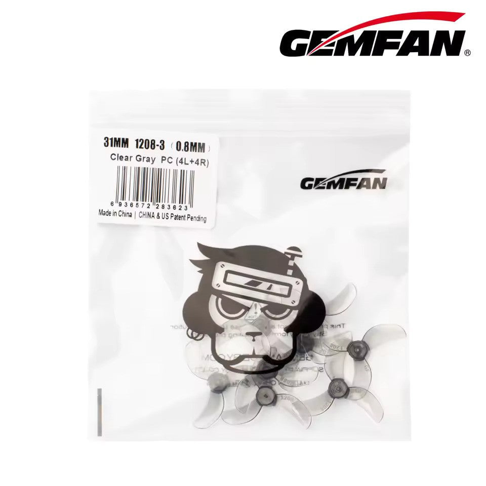 4pcs Gemfan 31mm 1208 3 Blade For 0.8mm Shaft - propellers in a clear plastic retail bag with a label showing the product name, specifications, and a barcode.