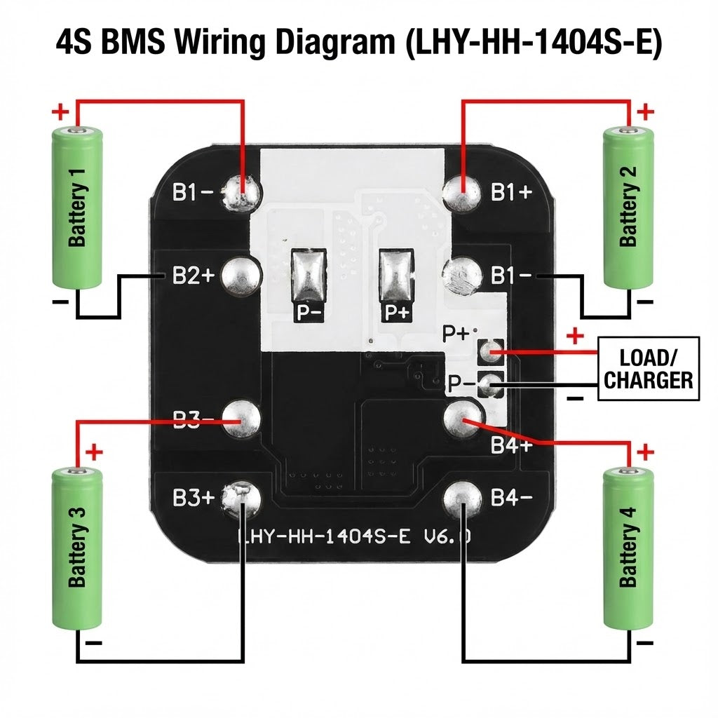 4s 10A BMS Battery Management System - Lithium Ion Protection Board ( Used ) - the black circuit board with labeled connection pads for four batteries and a load charger.