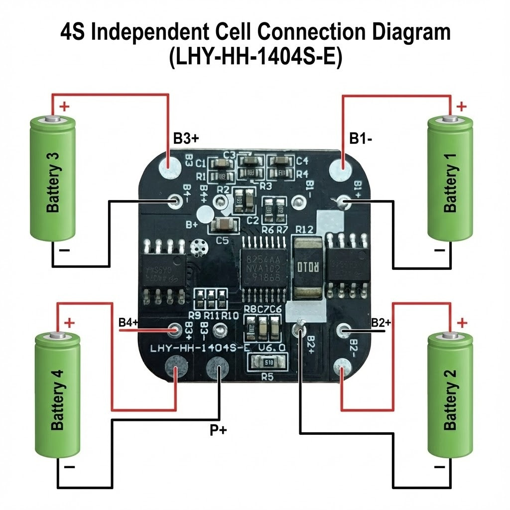 4s 10A BMS Battery Management System - Lithium Ion Protection Board ( Used ) - the black circuit board connected to four cylindrical batteries with red and black wires.