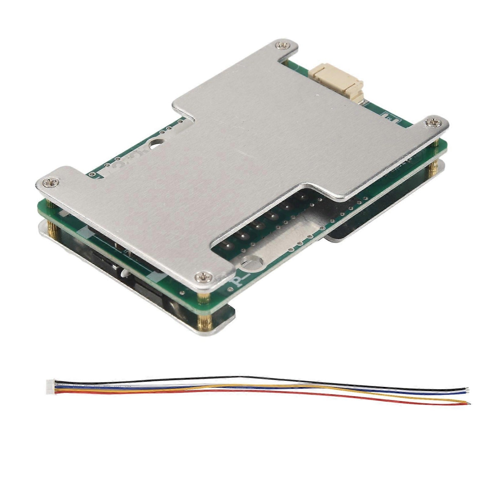 4S 12V 120A Protection Board 3.2V BMS Li-Iron Lithium Battery Charger Protection Board with Power Battery Balance Board - metallic top plate, green circuit boards, a white connector port, and an included multi-colored wire harness.