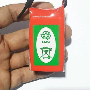 4s 14.8V 980mAh LiPo Battery - a rectangular red battery pack with a green label featuring recycling and disposal symbols.