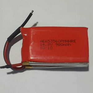 4s 14.8V 980mAh LiPo Battery - a rectangular red battery pack with two red wires extending from one end, printed with text including its specifications.
