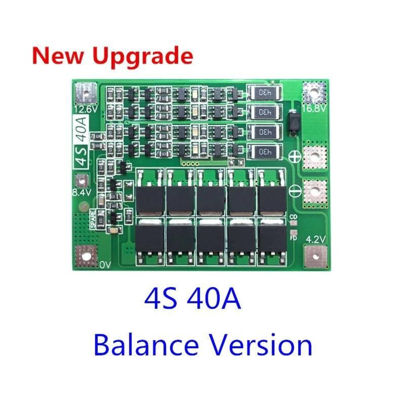 4s BMS 4s 40A BMS Li-ion Battery Protection Board Balanced Version 40 A BMS: - a rectangular green circuit board with multiple MOSFETs, resistors, and labeled voltage connection points.