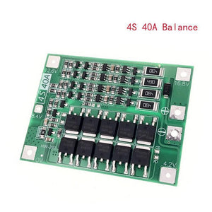 4s BMS 4s 40A BMS Li-ion Battery Protection Board Balanced Version 40 A BMS: - a green rectangular circuit board with ten black transistors, four resistors, and labeled terminals.