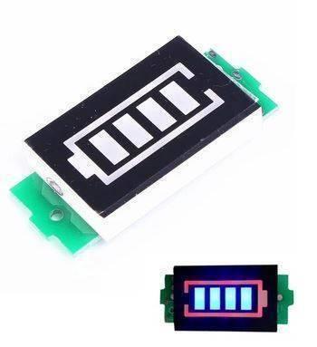 4s Lithium Battery Capacity Indicator - a rectangular module with a battery icon display and an inset image of the display illuminated in blue.