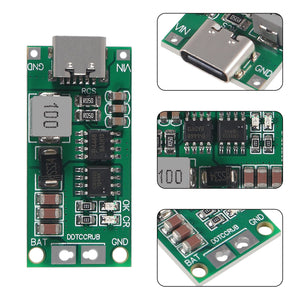 4S Type C 16.8V Step-Up Boost LiPo Polymer Li-ion Charger 14.8Vdc 18650 Lithium Battery - shown in full view and close-up angles, featuring a USB-C port, battery terminals, and circuit components.