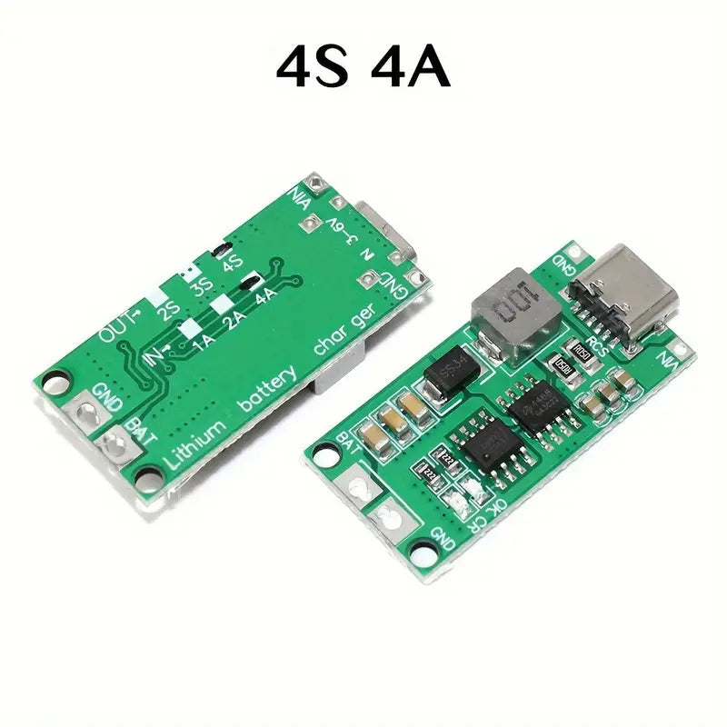 4S Type C 16.8V Step-Up Boost LiPo Polymer Li-ion Charger 14.8Vdc 18650 Lithium Battery - with USB-C ports, battery and input terminals, and printed configuration labels.