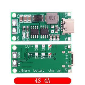 4S Type C 16.8V Step-Up Boost LiPo Polymer Li-ion Charger 14.8Vdc 18650 Lithium Battery - the front and back of the green circuit board with a USB-C port, battery terminals, and solder pads.